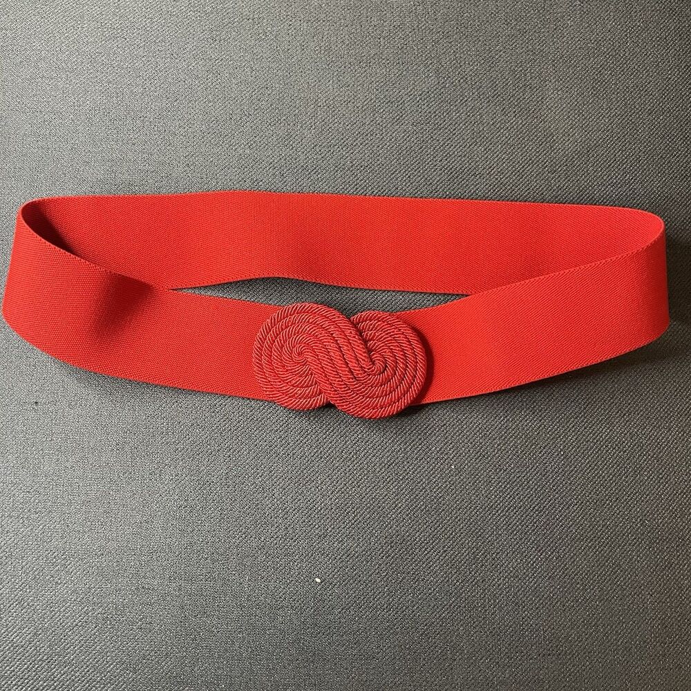 80s 90s Wide Red Elastic StretchCinch Belt - Passementerie Knot Buckle Vintage M